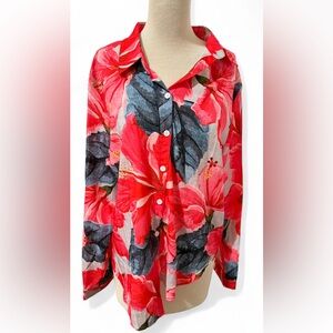 Hibiscus Floral Button-Up Blouse XXL Pink Gray Lightweight Top
